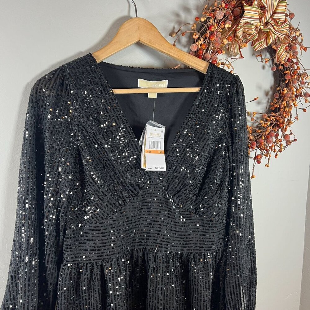 Michael Michael Kors Black Sequin V-Neck Long Sleeve Mini Dress Shimmer Party PS - Picture 4 of 10